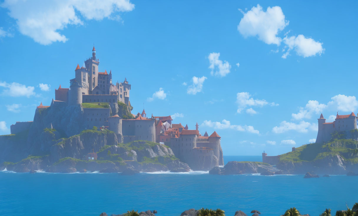 Majestic castle on rocky coastal cliff under clear blue sky