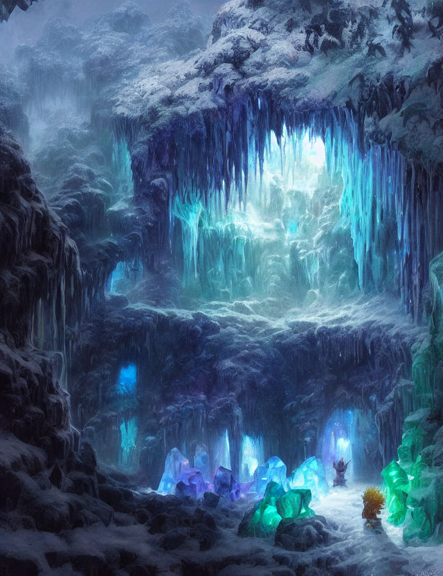 Mystical icy cave with glowing blue and green crystals