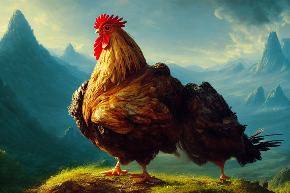 Majestic rooster on grassy knoll with mountainous landscape and warm sky