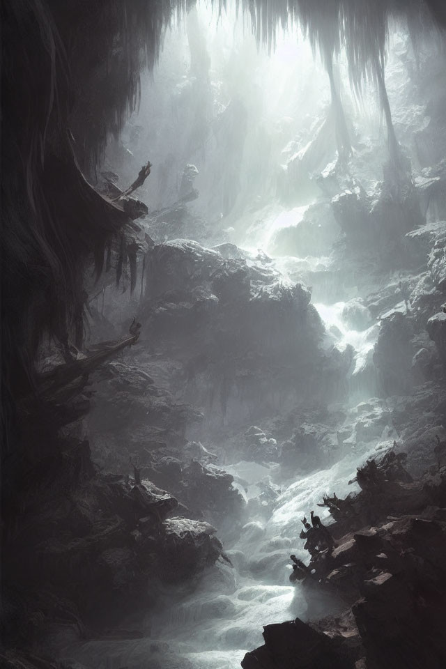 Mystical foggy cavern with towering rock formations and rushing stream