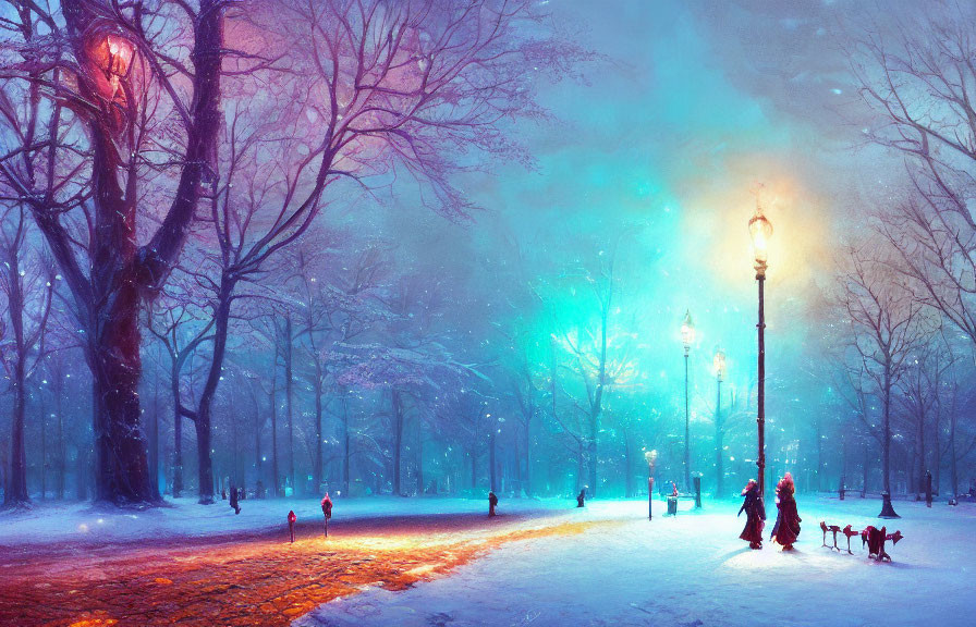 Snowy Park with People, Dogs, and Colorful Street Lamp Lights