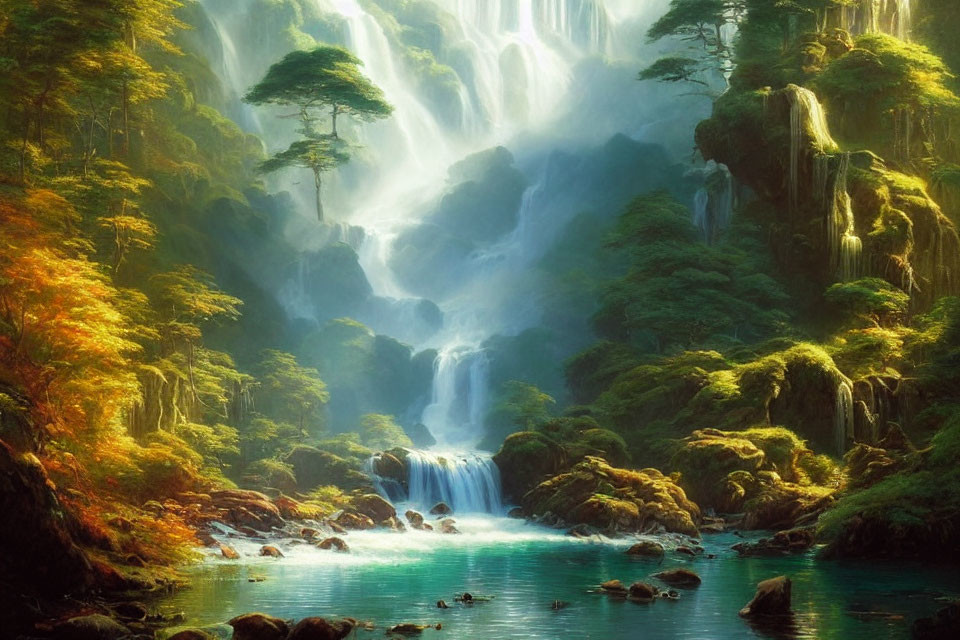 Tranquil Waterfall in Lush Forest with Mist and Vibrant Foliage