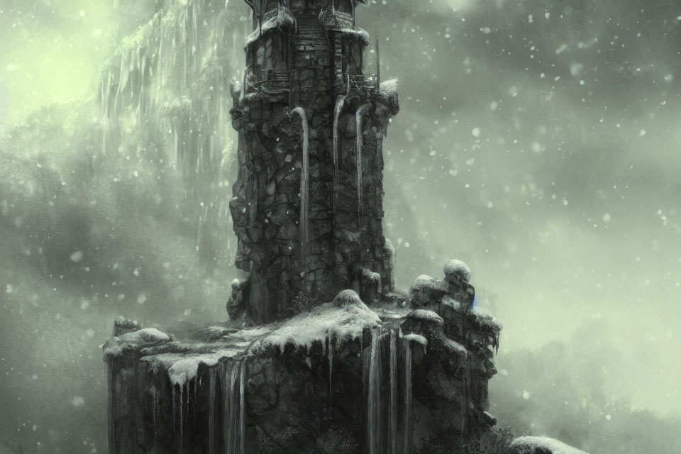 Ancient tower on snow-covered cliff with waterfall in misty atmosphere