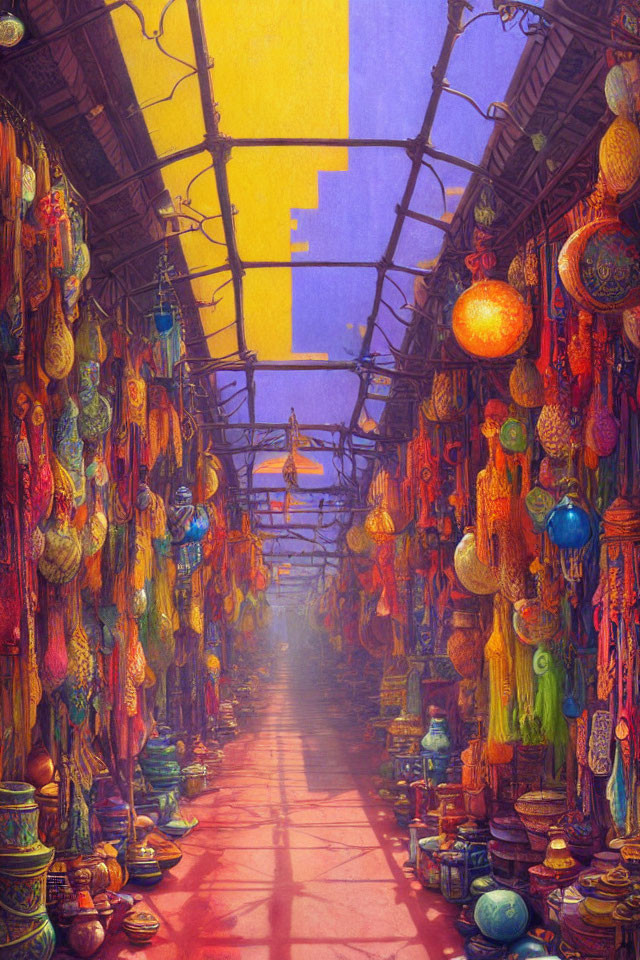 Colorful lanterns, intricate lamps, and pottery at vibrant market