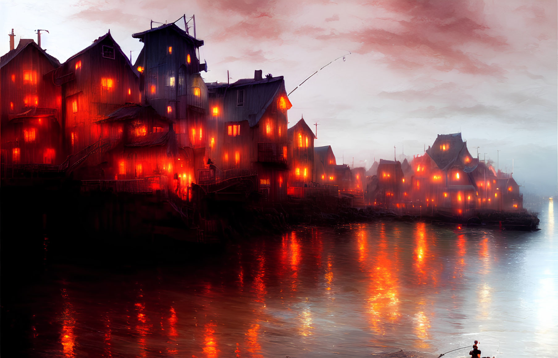 Stilt houses lit by warm lights on misty waterfront with lone figure fishing