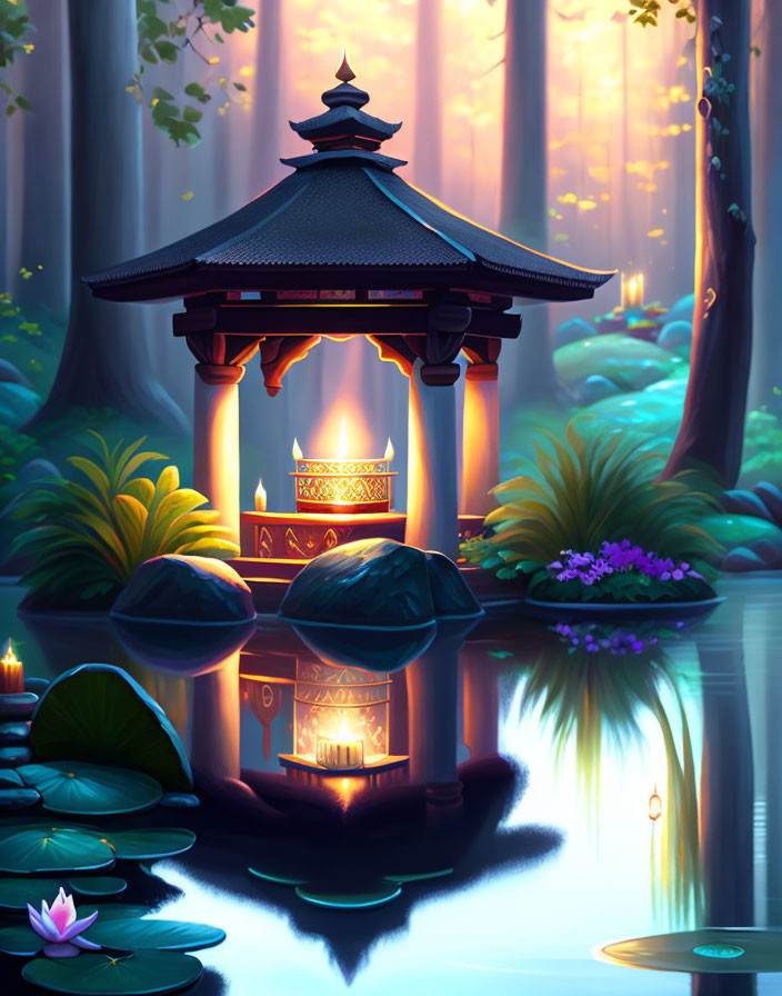 Asian-style illuminated gazebo by serene pond at twilight