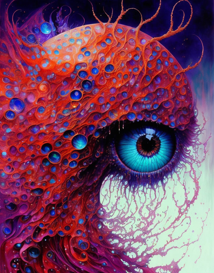 Colorful surreal eye painting with tentacle-like texture in purple, red, and blue hues.