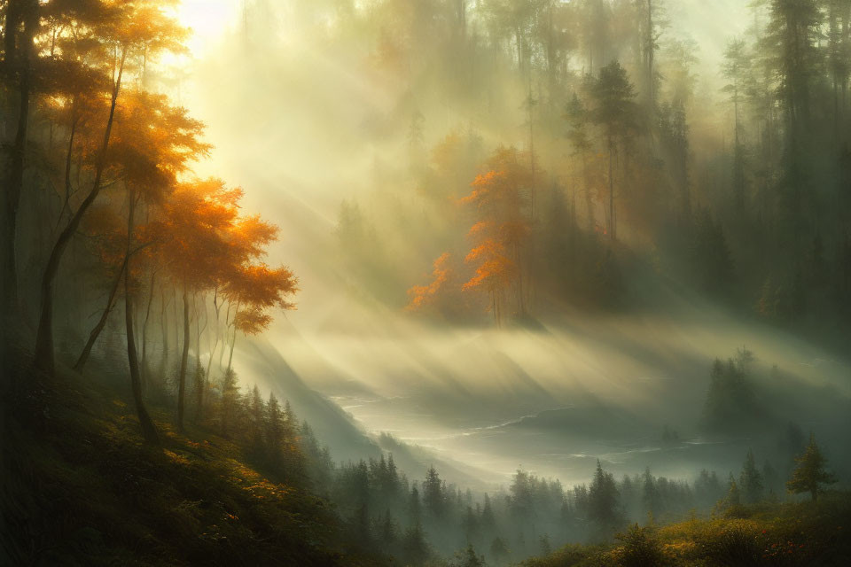 Sunlit Misty Forest with Autumn Leaves and Serene Atmosphere