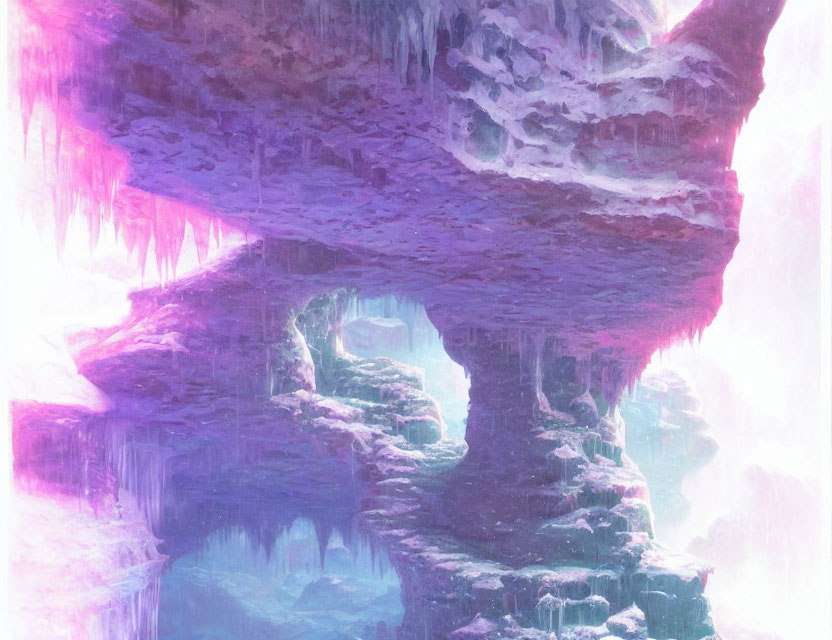 Mystical cave with pink and purple hues, stalactites, and glowing ice formations