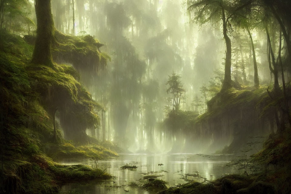 Tranquil Forest Scene with Sunlight, Moss-Covered Trees, and Still Water