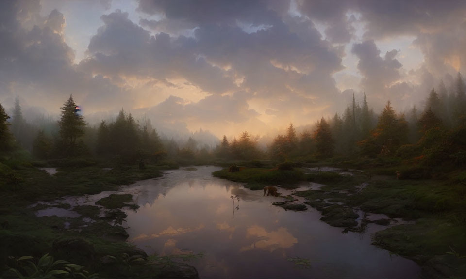 Tranquil dawn landscape: river, forest, mist