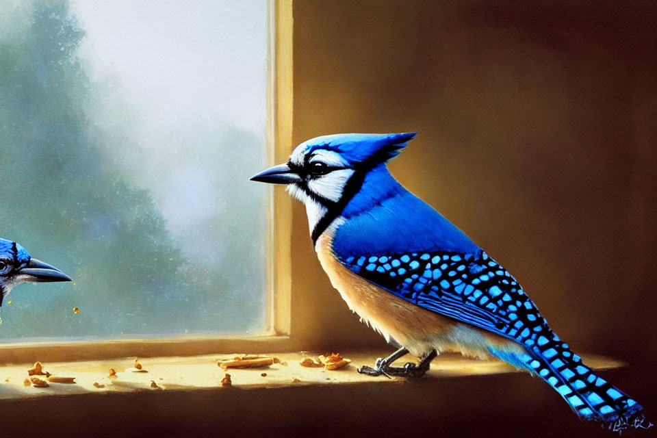 Blue jay perched on windowsill with reflection, scattered seeds, green background