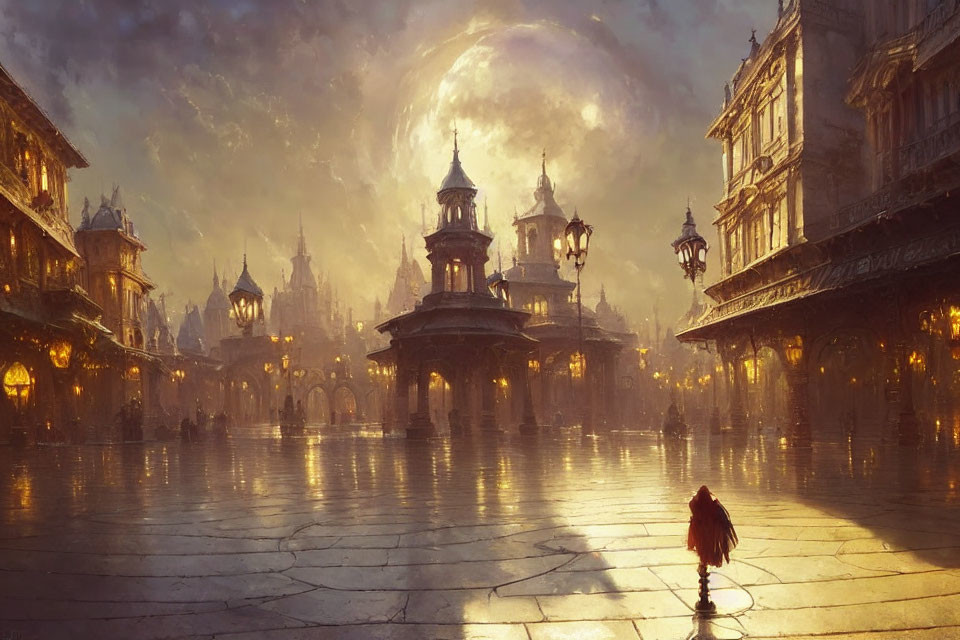 Fantasy cityscape at dusk with large moon, ornate buildings, glowing streetlamps, and