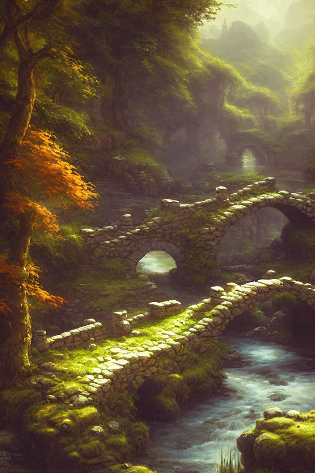 Stone bridge over stream in mystical forest with soft sunlight.