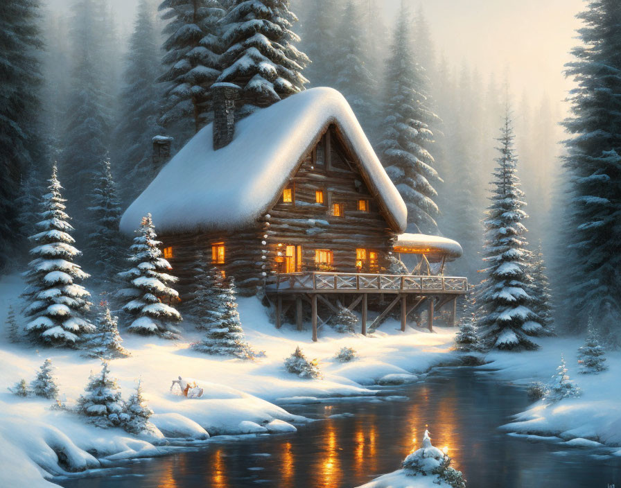 Snowy Pine Trees Surround Cozy Cabin by Frozen River