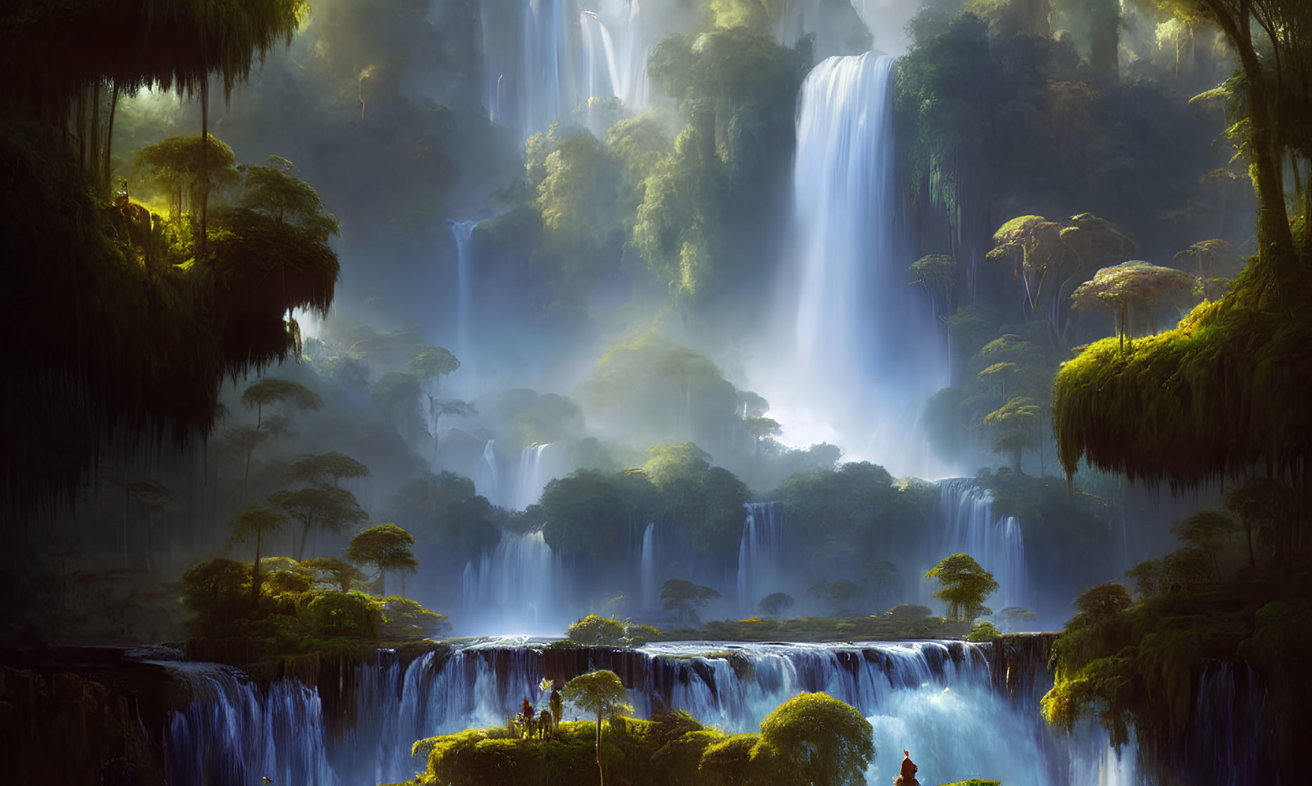 Mystical landscape with cascading waterfalls and lush greenery