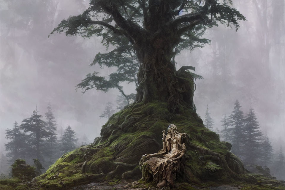 Ethereal forest scene with massive mist-covered tree and mysterious figure