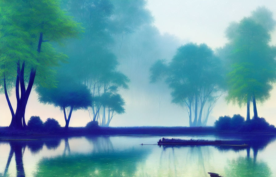 Tranquil misty landscape with reflective water and solitary boat