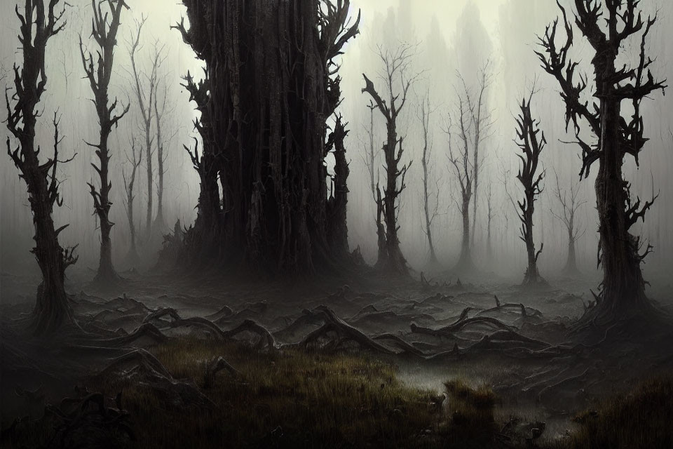 Mysterious Foggy Forest with Twisted Trees and Roots