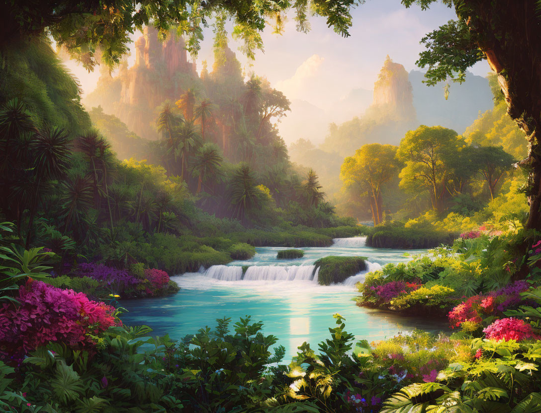 Tranquil fantasy landscape with lush vegetation and waterfalls