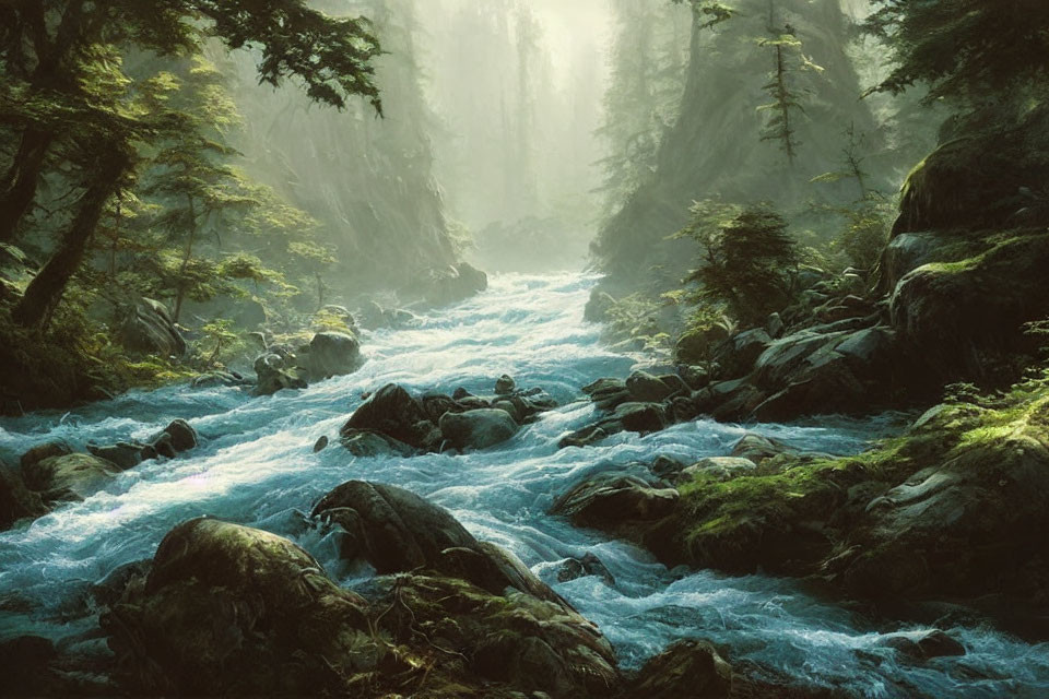 Misty forest river with sunlight filtering through canopy