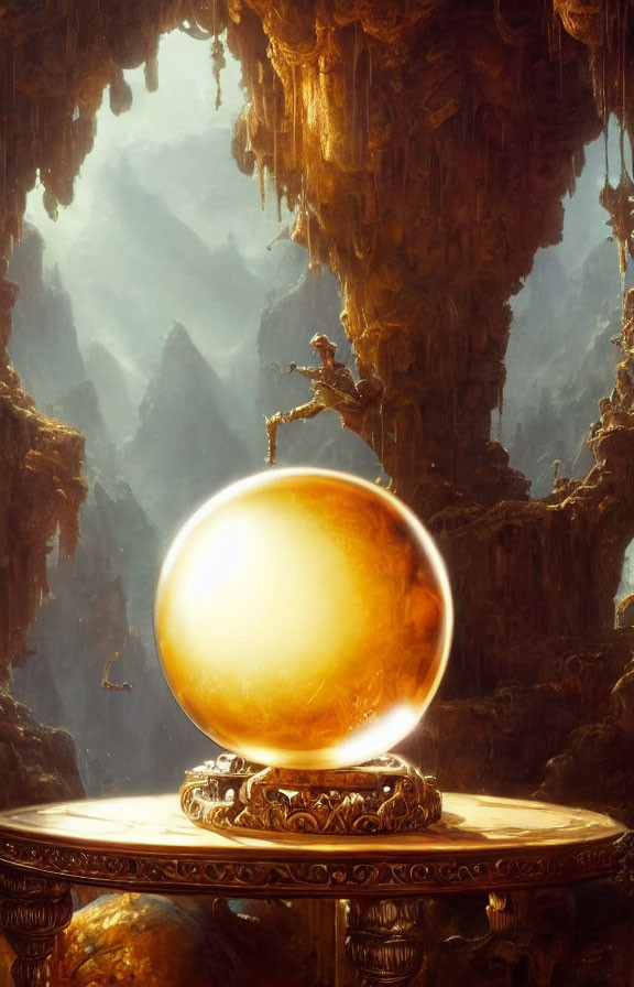 Amber sphere on ornate pedestal in cavernous space