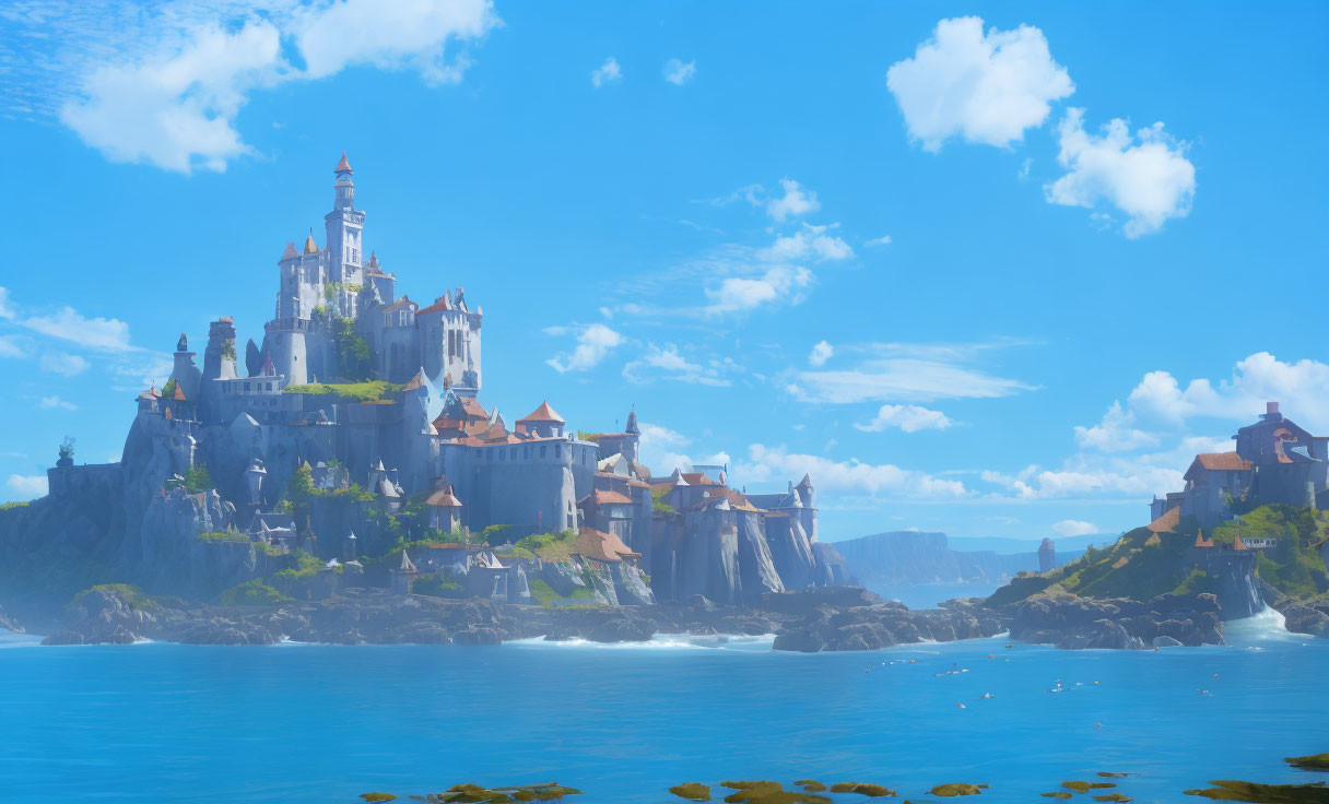 Majestic castle on cliff above serene blue sea