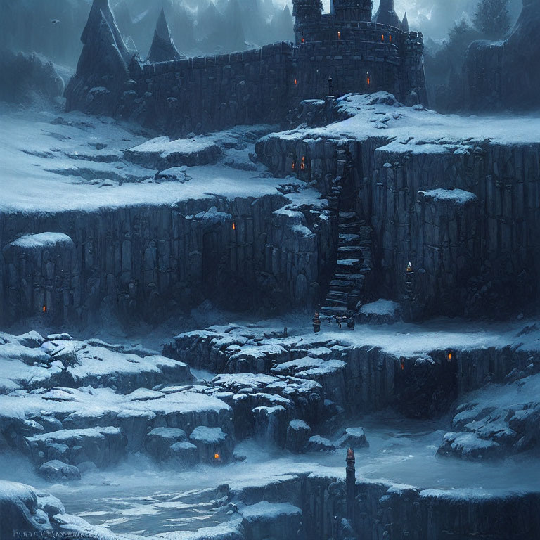 Snowy Dusk Landscape with Stone Fortress and Torchlit Stairway