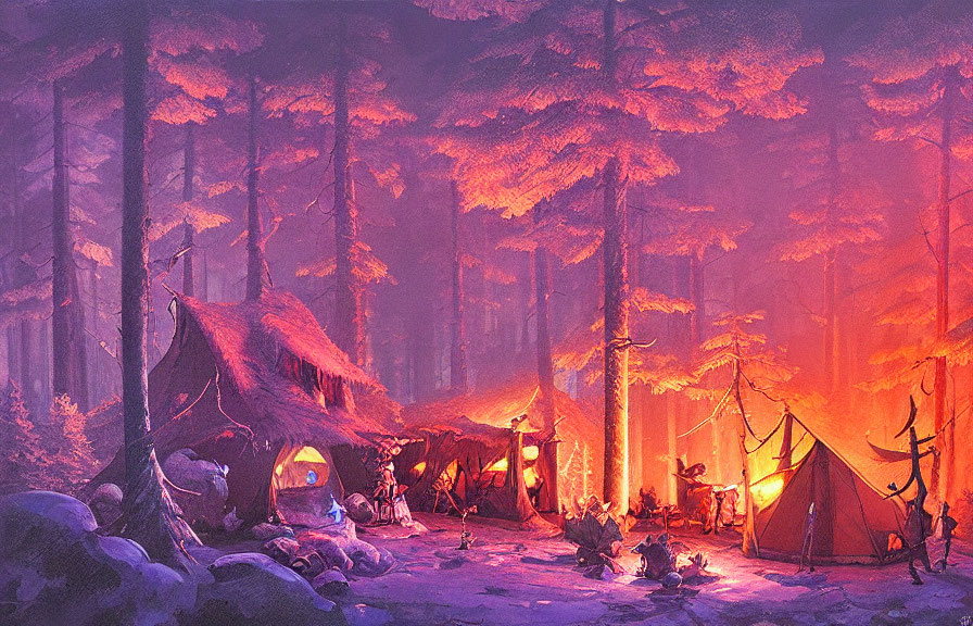 Dusk forest campsite with tents, campfire, and figures in serene evening