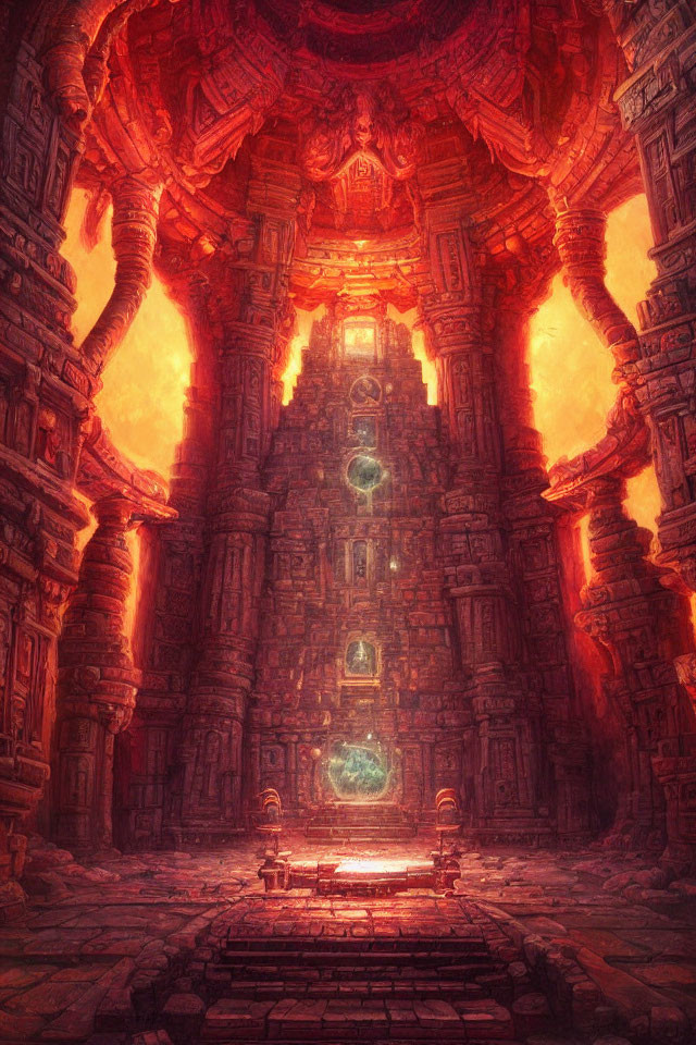 Mystical temple with towering pillars and glowing orbs