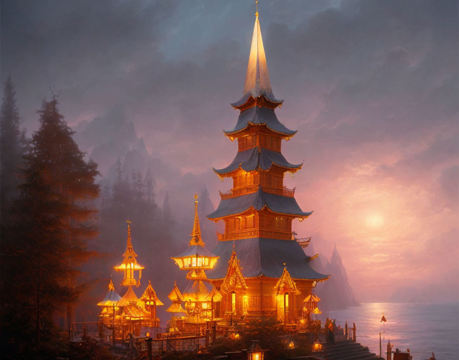 Illuminated multi-tiered pagoda by misty lakeside at sunrise