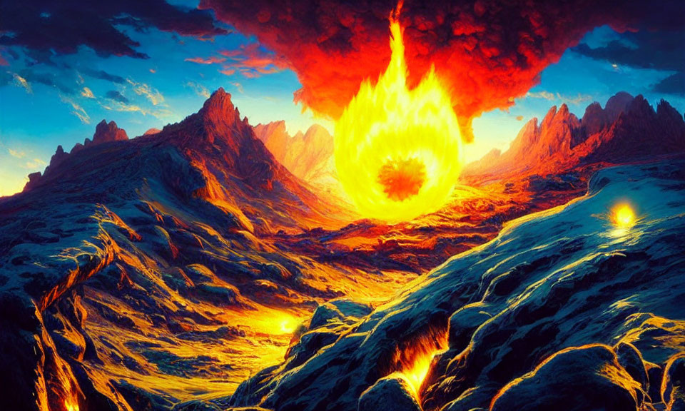 Apocalyptic digital artwork with fiery explosion over molten landscape