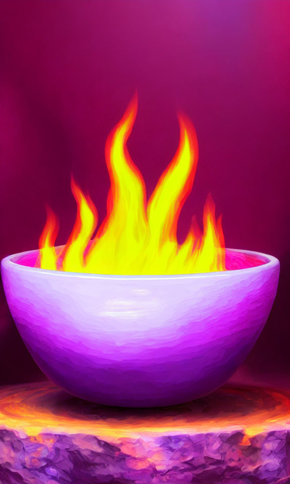 Colorful flames dancing in purple bowl on magenta background