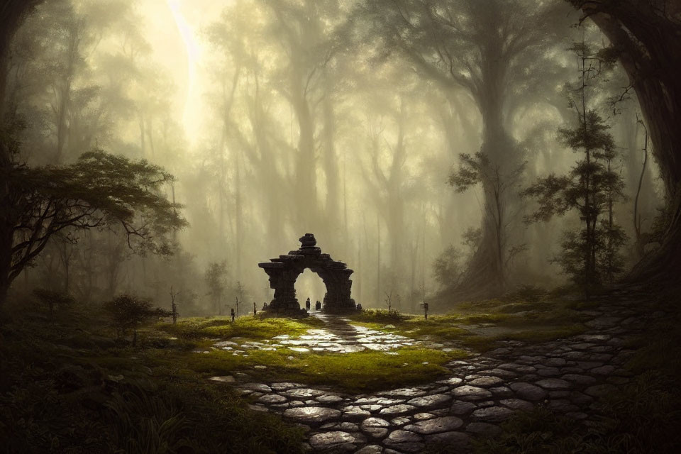 Ethereal forest scene with mist, ancient stone gateway, cobblestone path, and sun rays