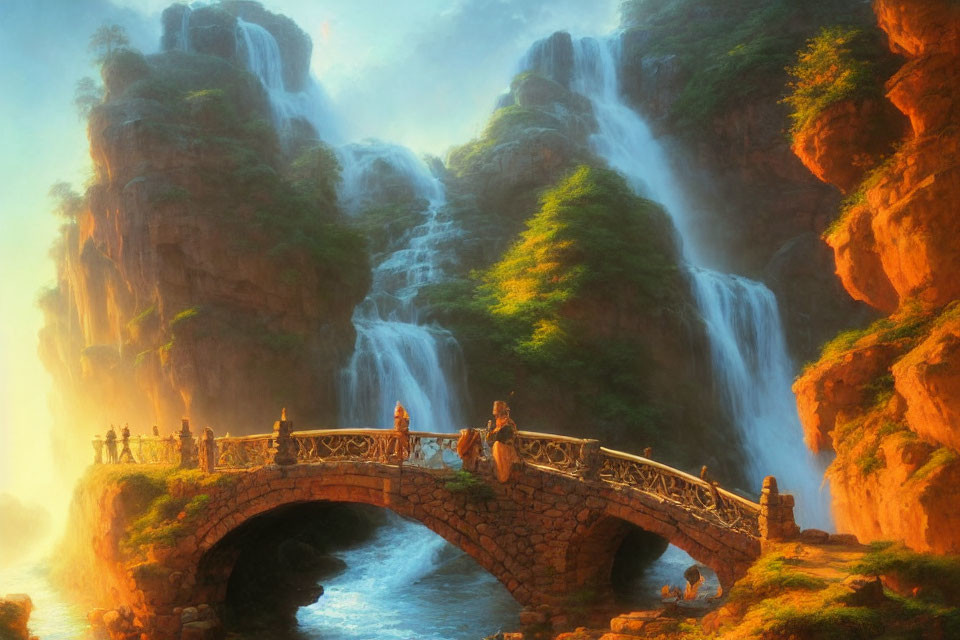 Stone bridge over river with cascading waterfalls and lush cliffs in warm sunlight