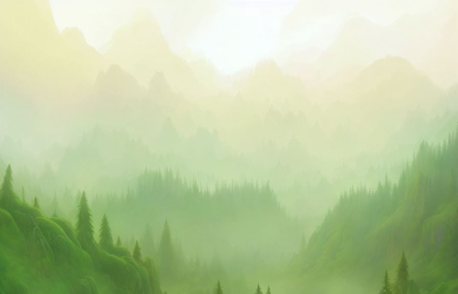 Misty Green Mountains in Serene Landscape