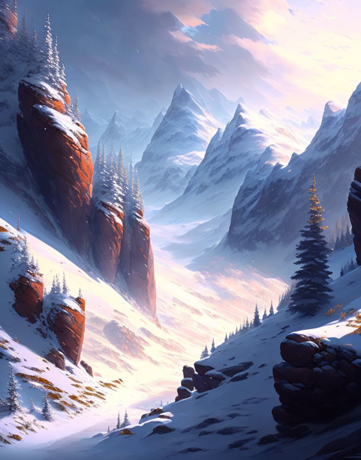 Snowy mountain landscape with towering peaks and sunlight filtering through clouds