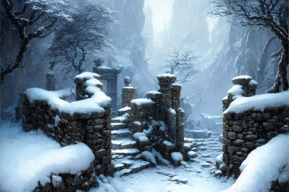 Snow-covered stone gateway in misty forest with icy cliffs