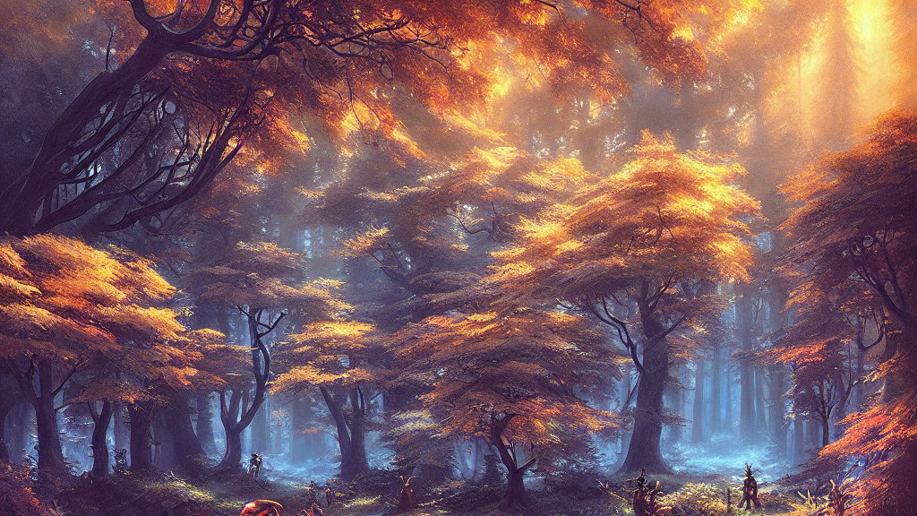 Golden Foliage in Mystical Forest with Radiant Sunbeam