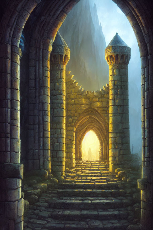 Stone Castle Gateway with Arches and Round Towers under Hazy Sky