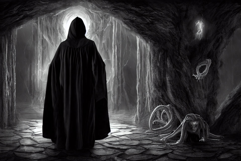 Mysterious cloaked figure in eerie cave with glowing eyes and creature-like forms