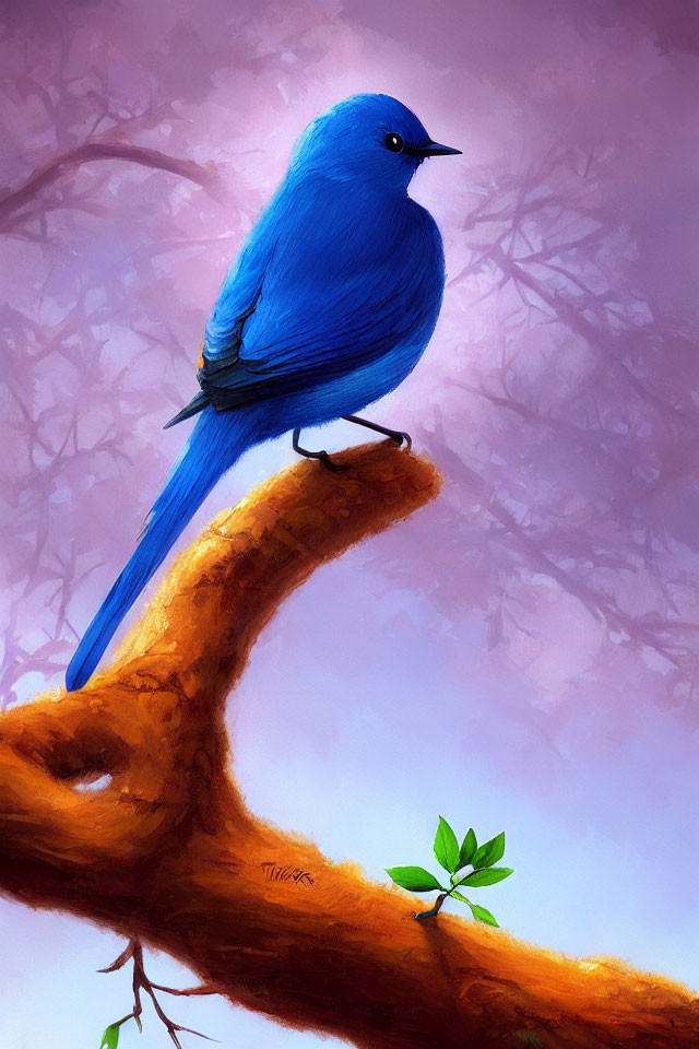 Colorful Blue Bird on Branch with Green Leaves and Purple Background