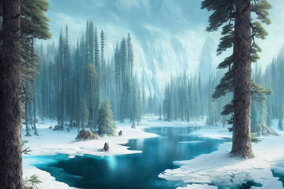 Snow-covered evergreen trees, blue river, misty mountains, clear sky: Winter landscape view