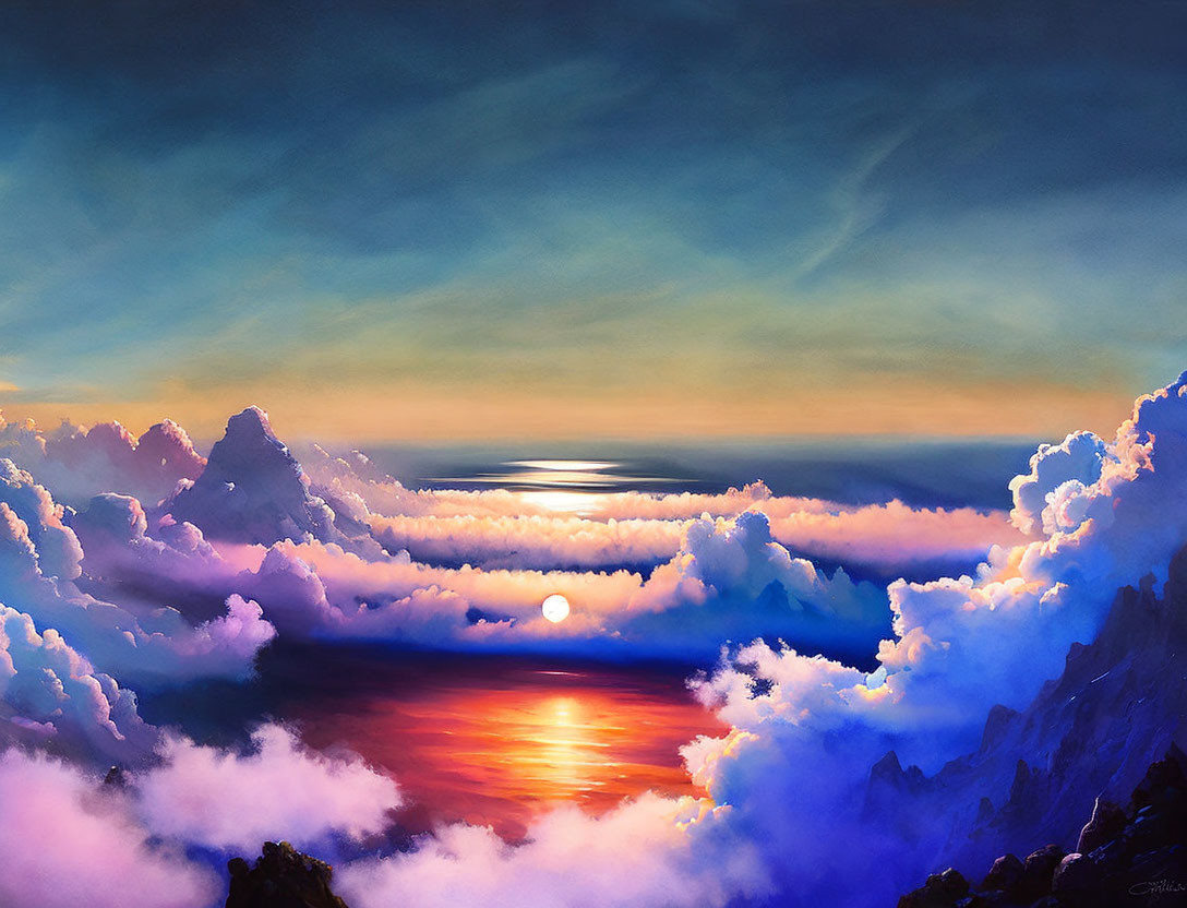 Dramatic sunset painting with cloudy sky, ocean, and mountains