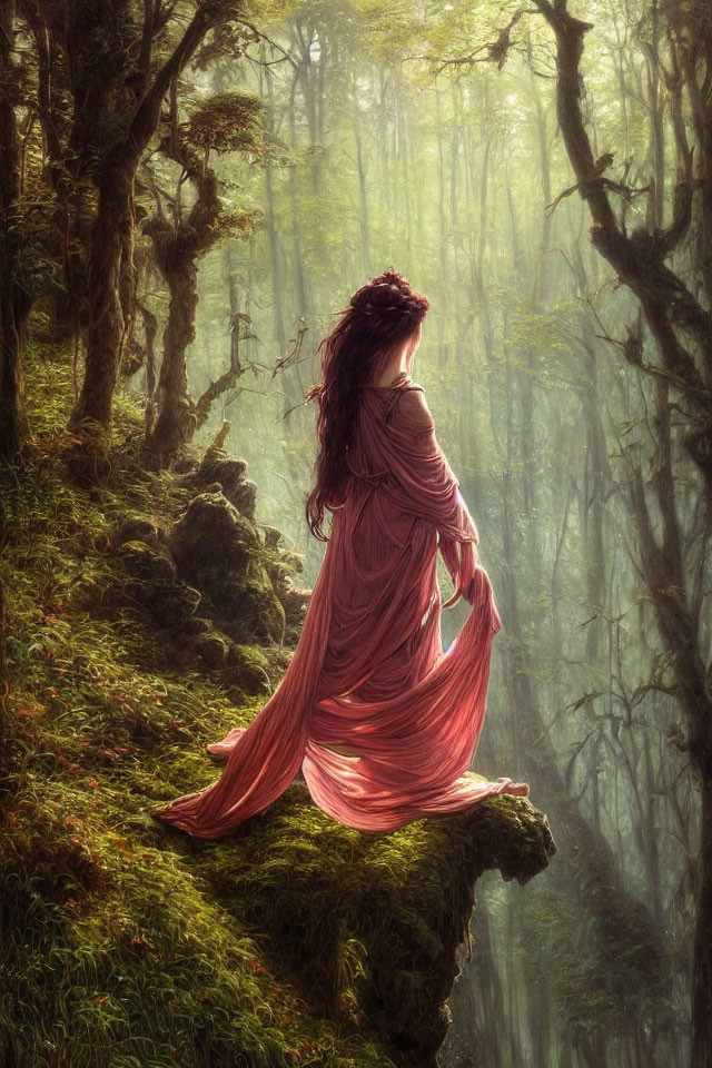 Woman in Red Dress on Forest Cliff with Sunlight and Greenery