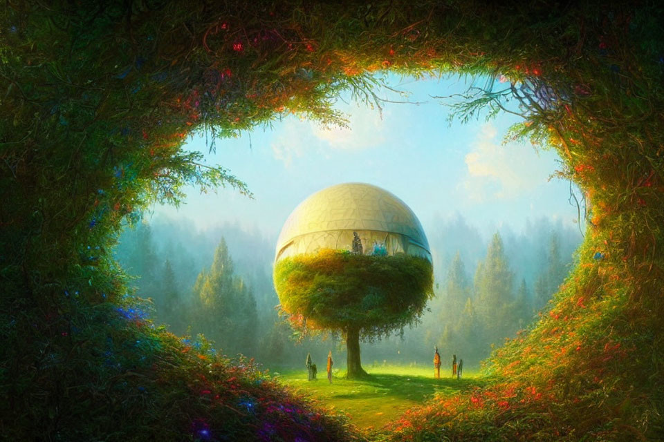 Fantastical landscape with spherical structure, lush greenery, and tiny figures under forest canopy