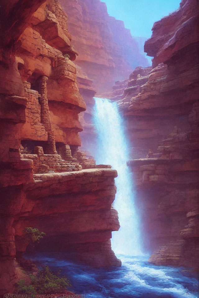 Tranquil waterfall in red rock canyon with ancient ruins and soft light