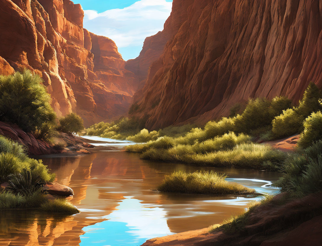 Scenic river in red rock canyon with lush green foliage