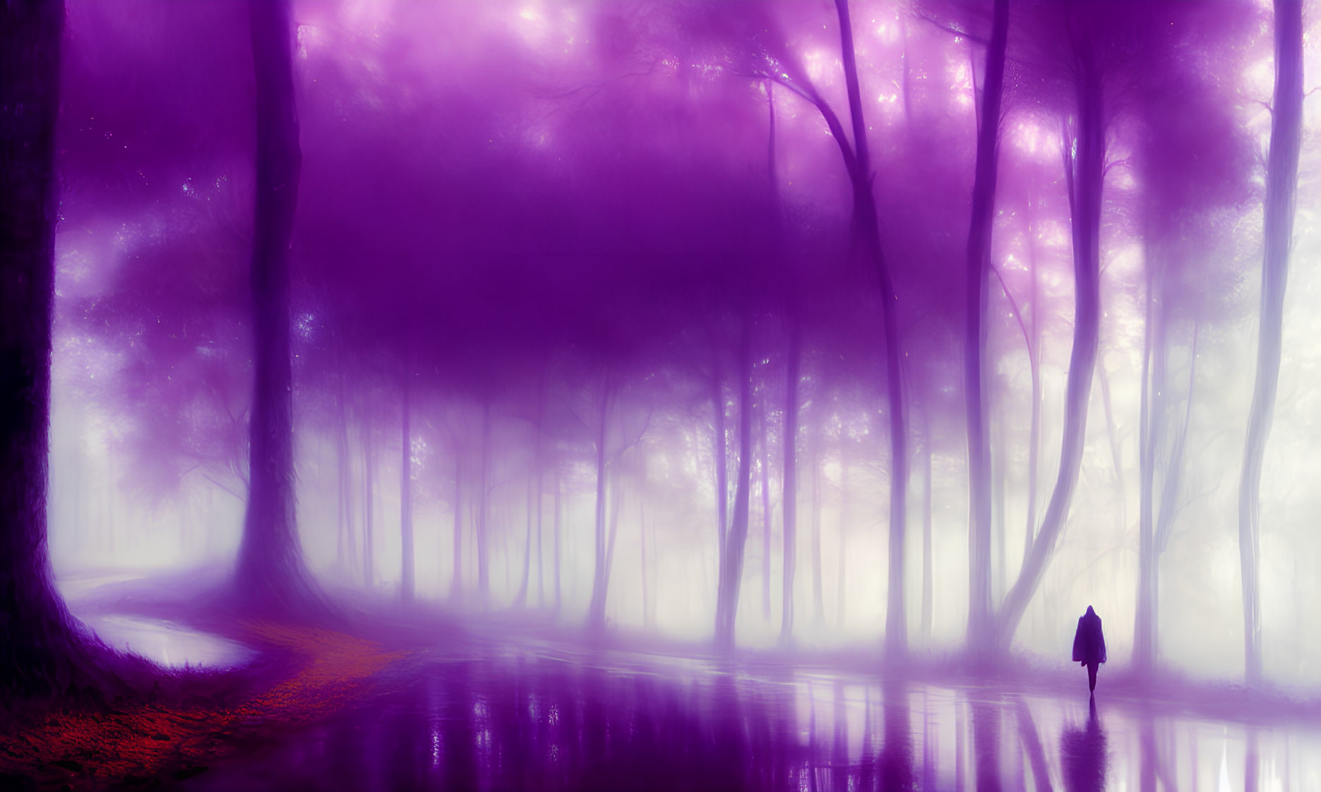 Solitary figure in mystical purple forest with misty trees reflected in water