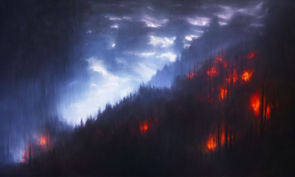 Impressionistic dark forest painting with ominous red glows at night